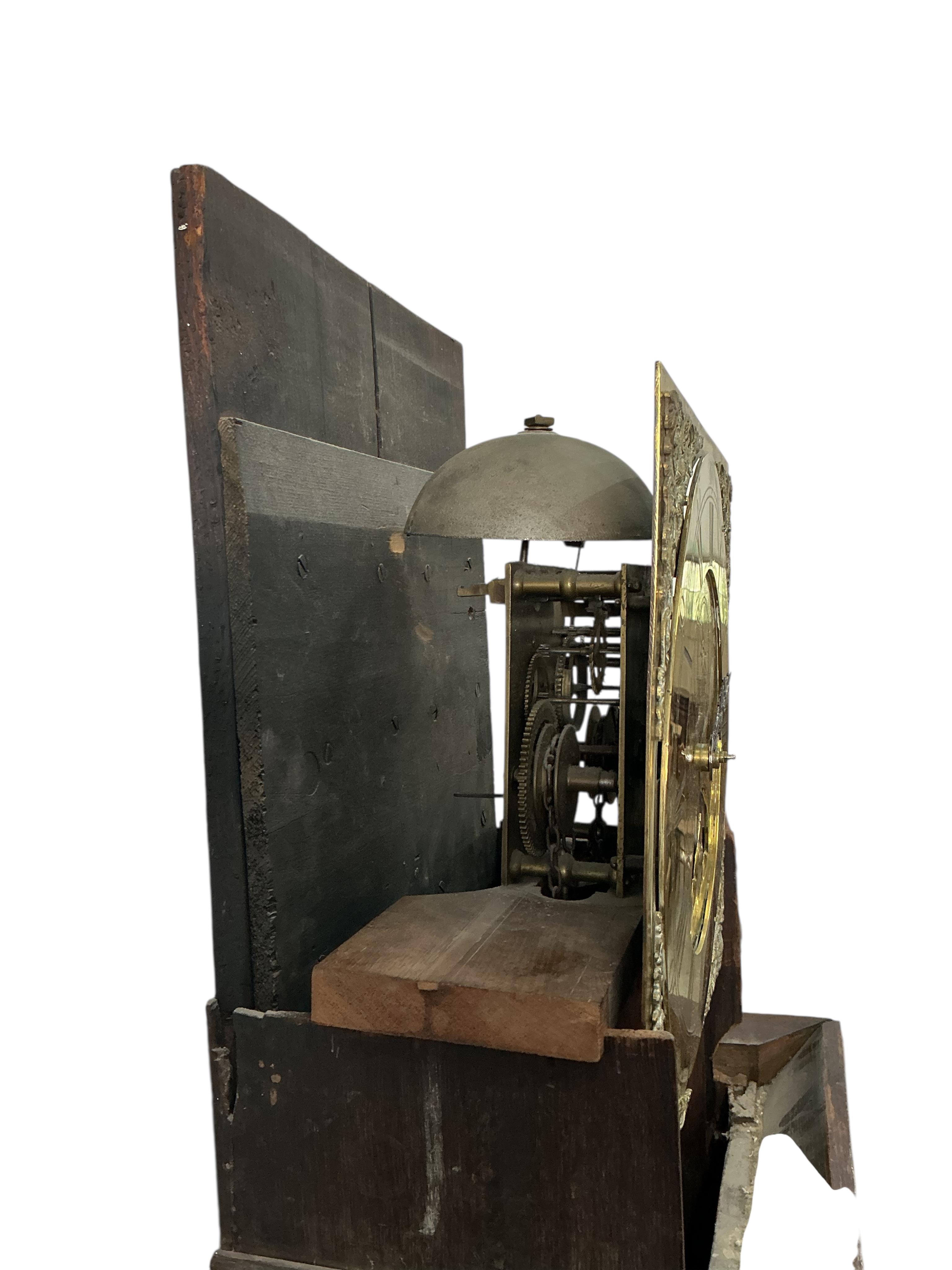 A late 18th century oak 30 hour brass dial longcase clock, by Joseph Marshall, Leicester, height 211cm
